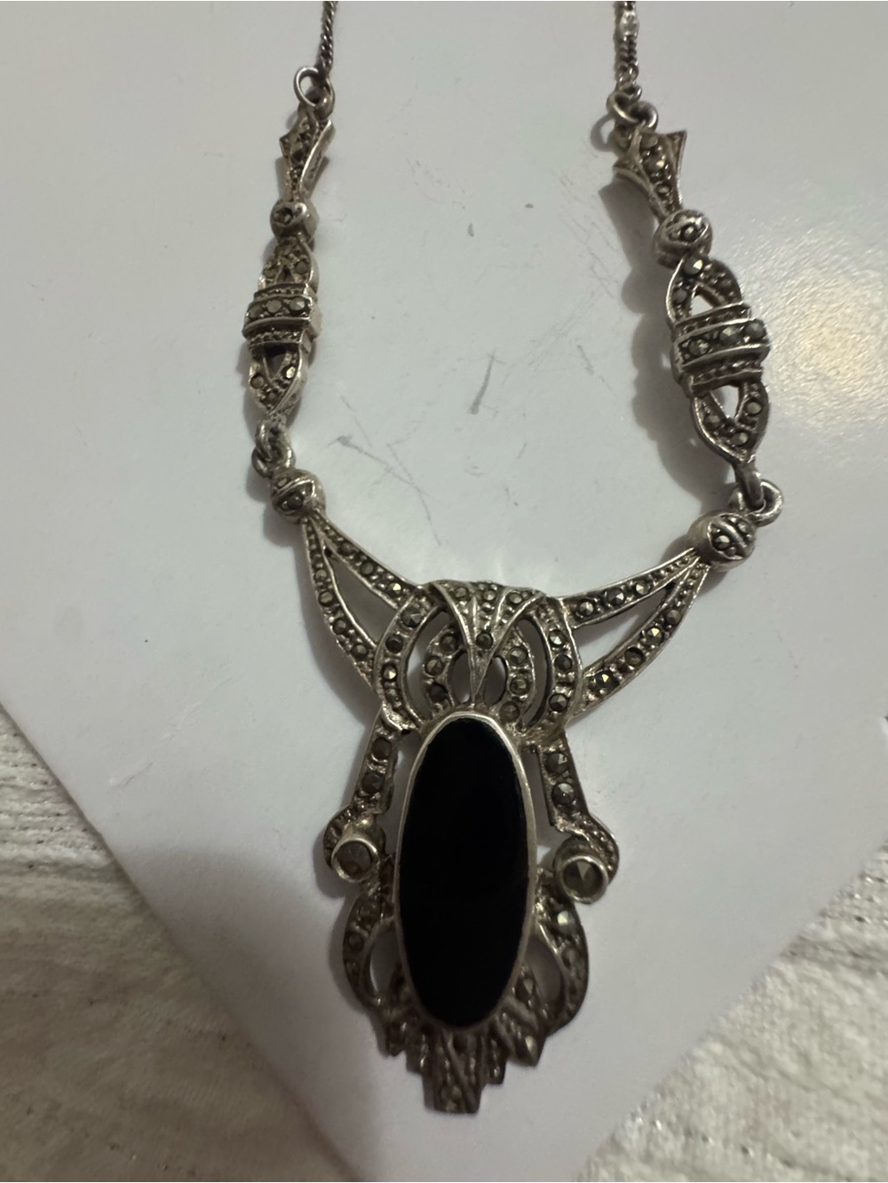 Sterling Silver Black Onyx Marcasite Necklace - Unbranded